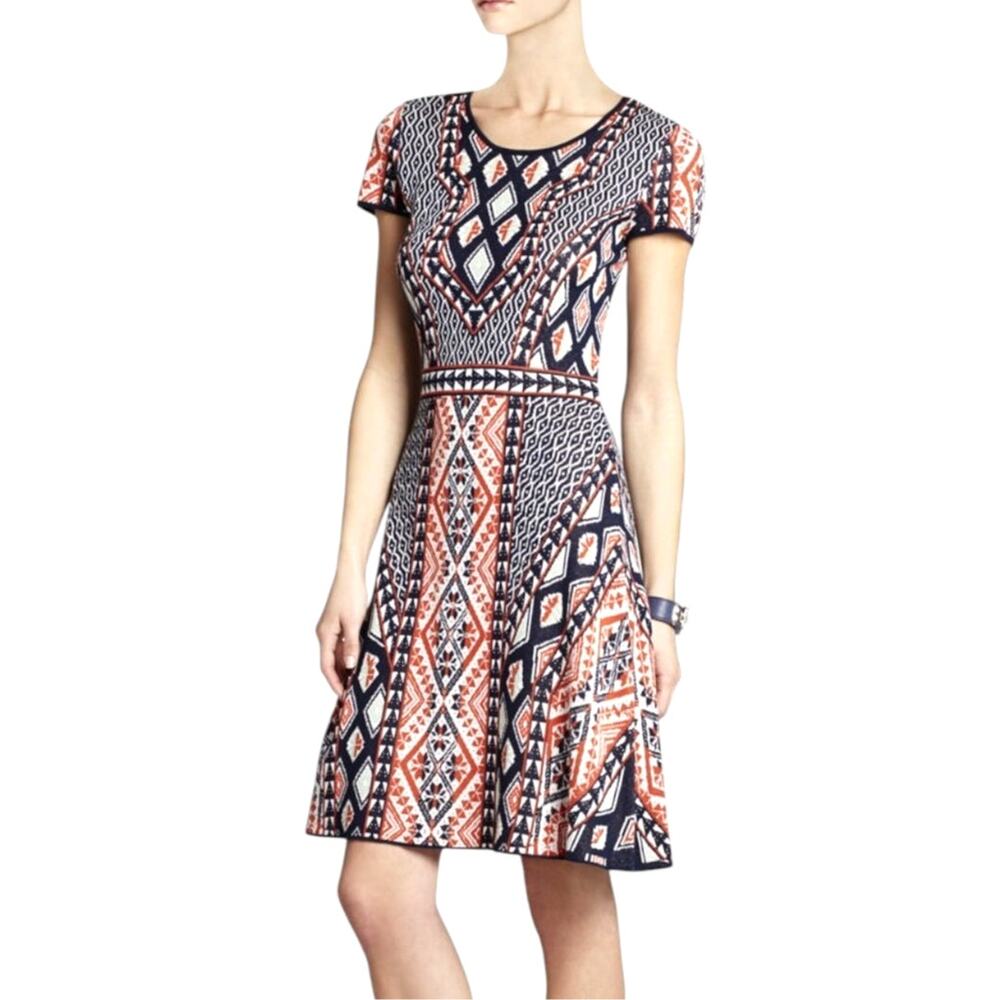 BCBGMAXAZRIA Fit Flare Dress Size XS Geometric Summer Party Gray Pink